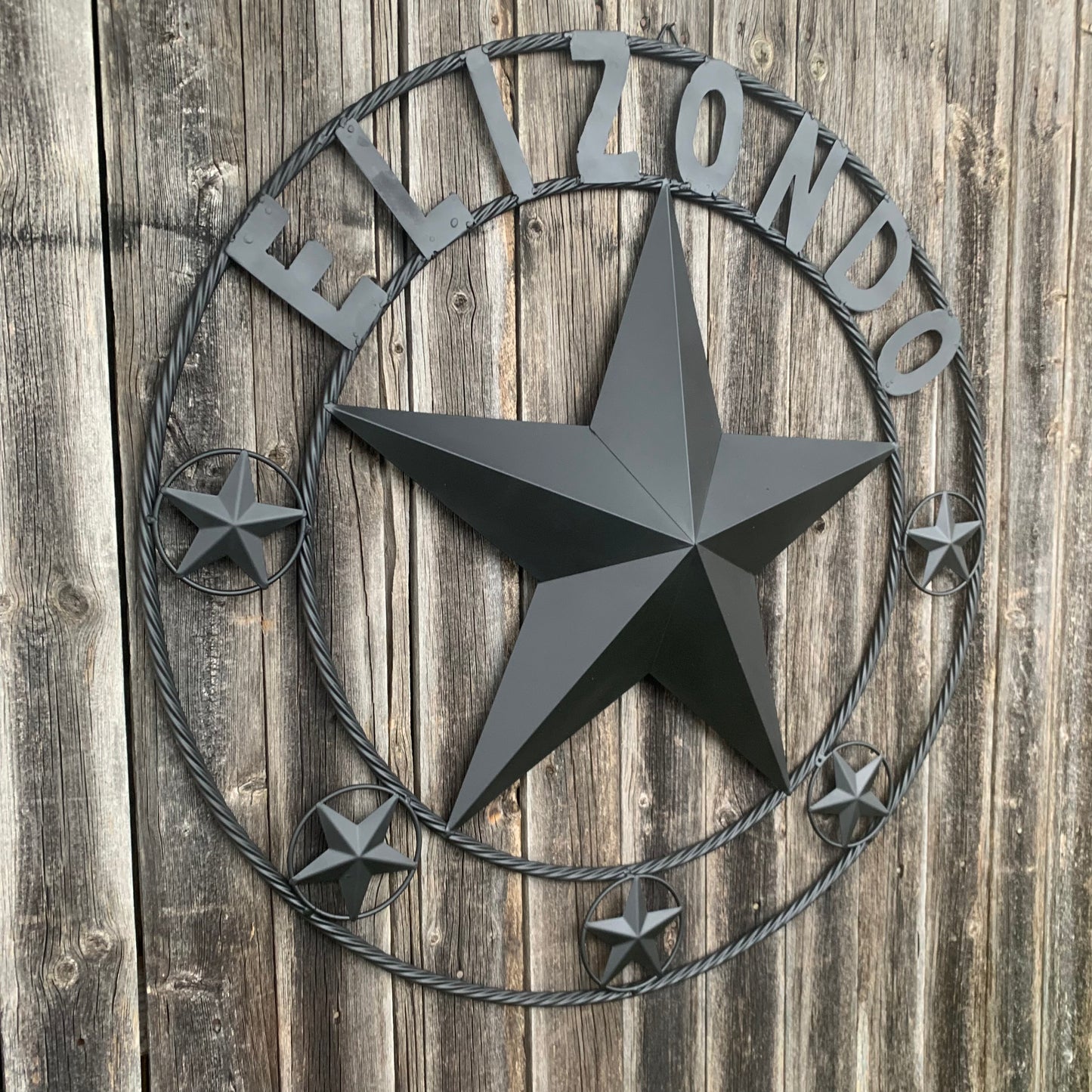 ELIZONDO STYLE CUSTOM NAME STAR BARN METAL STAR 3d TWISTED ROPE RING WESTERN HOME DECOR RUSTIC BLACK HANDMADE 24",32",36",50"