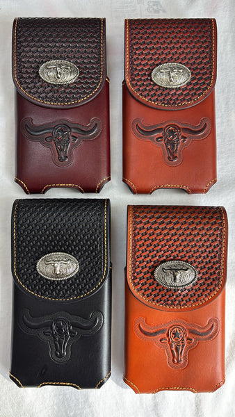 7" LONGHORNS LEATHER PHONE HOLSTER POUCH EXTRA LARGE  BELT LOOP CELL PHONE CASE UNIVERSAL OVERSIZE #EH12698