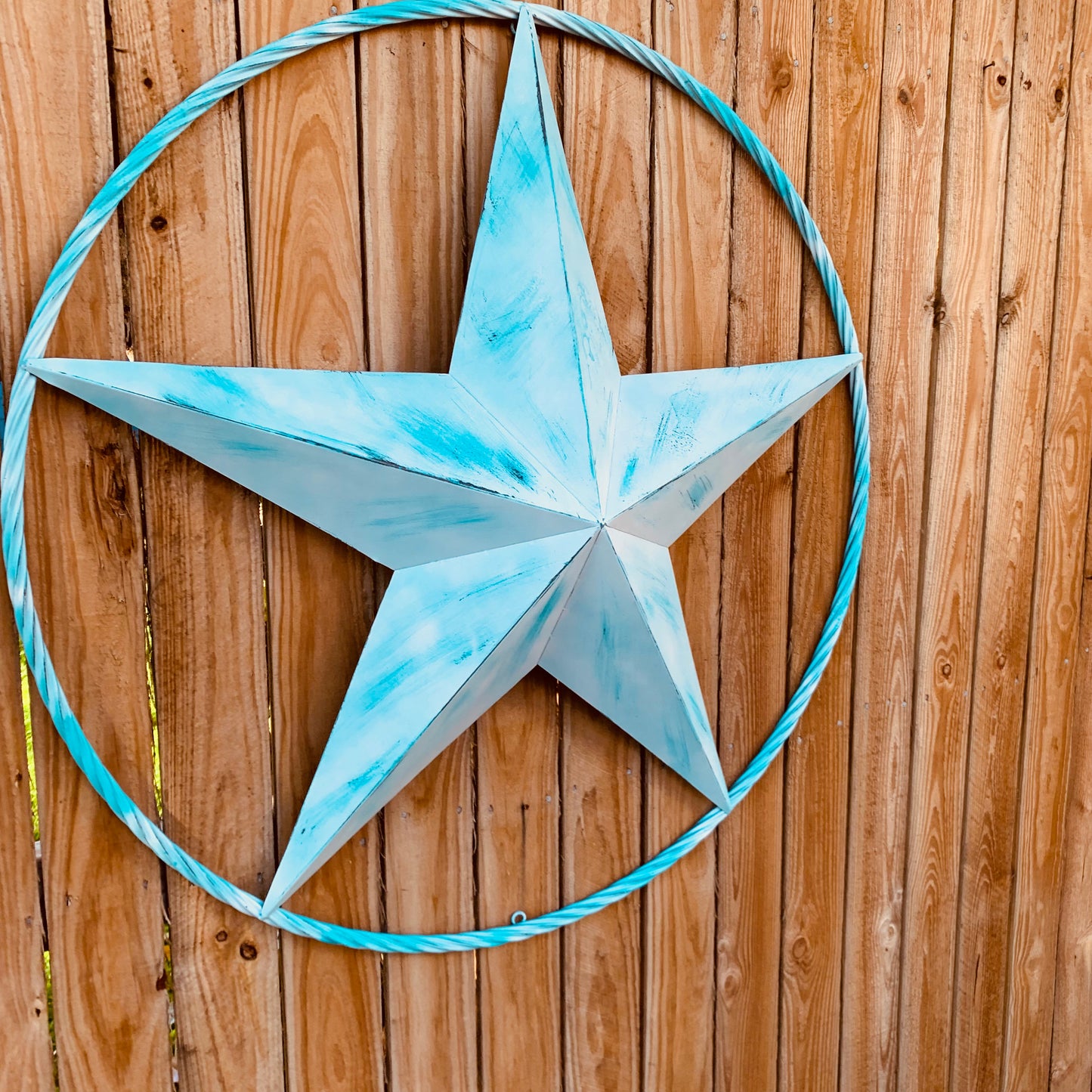 #EH11219 TURQUOISE WHITE DISTRESSED STAR TWO TONE TEXTURE BARN STAR METAL LONESTAR TWISTED ROPE RING WESTERN HOME DECOR HANDMADE NEW