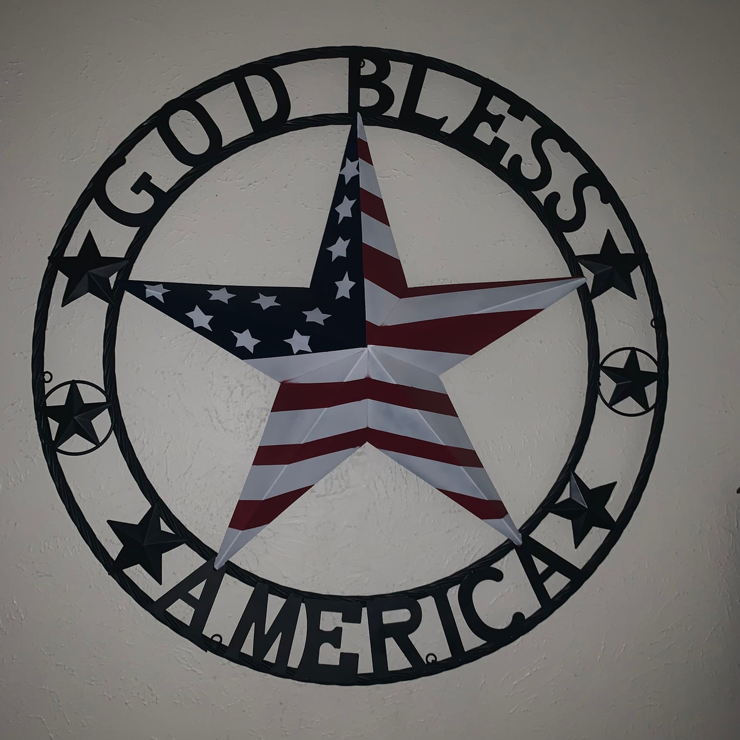 GOD BLESS AMERICA USA FLAG 3d STAR METAL BARN STAR BLACK TWISTED ROPE RING WALL ART WESTERN HOME DECOR RED WHITE & BLUE HANDMADE NEW #EH10490