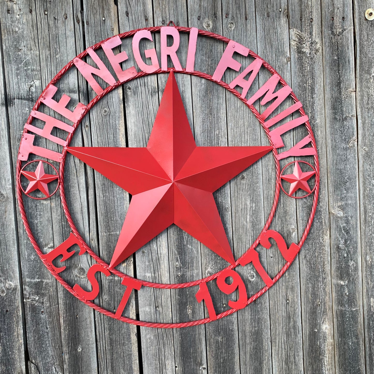 NEGRI FAMILY STYLE YOUR CUSTOM NAME STAR BARN STAR METAL LONE STAR WESTERN HOME DECOR RUSTIC BURGUNDY RED HANDMADE 24",32",36",50"