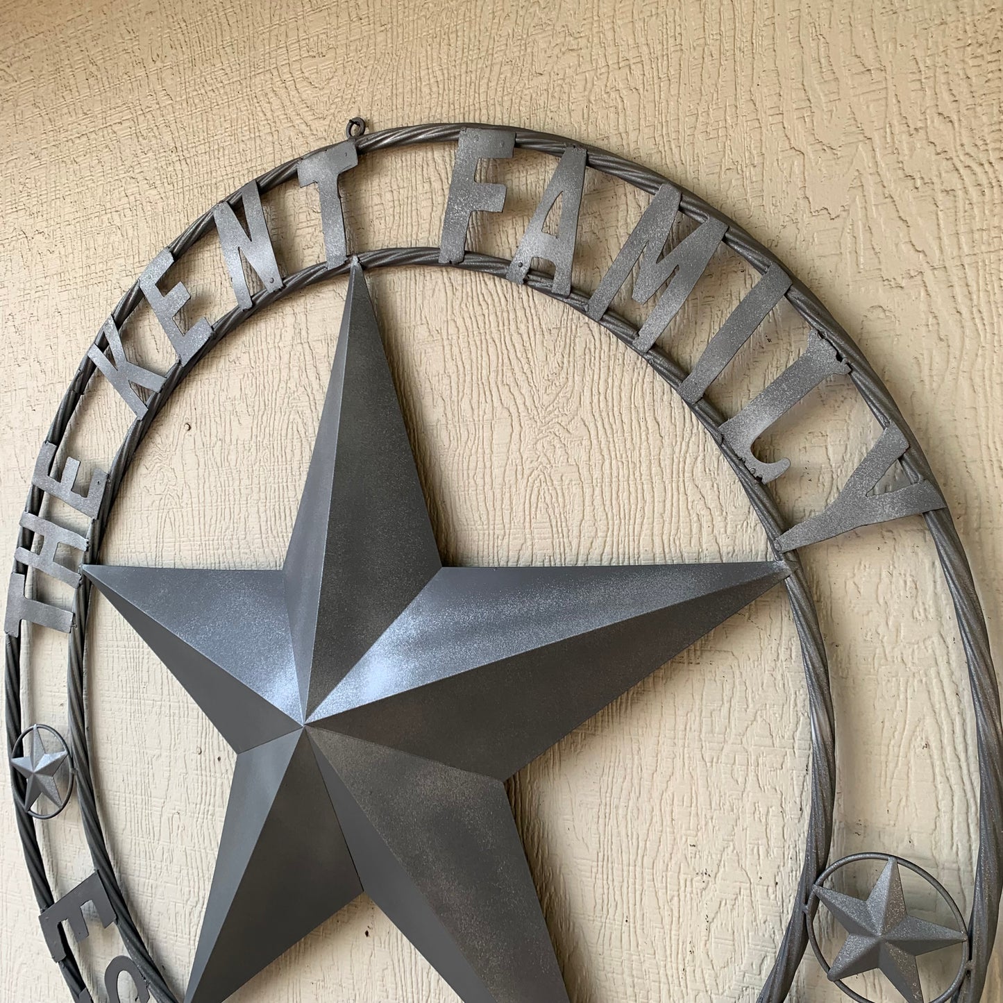 KENT STYLE CUSTOM STAR NAME BARN METAL STAR 3d TWISTED ROPE RING WESTERN HOME DECOR RUSTIC GREY SILVER HANDMADE 24",32",36",50"