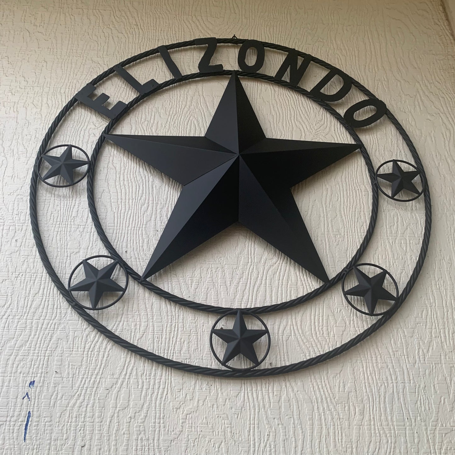 ELIZONDO STYLE CUSTOM NAME STAR BARN METAL STAR 3d TWISTED ROPE RING WESTERN HOME DECOR RUSTIC BLACK HANDMADE 24",32",36",50"