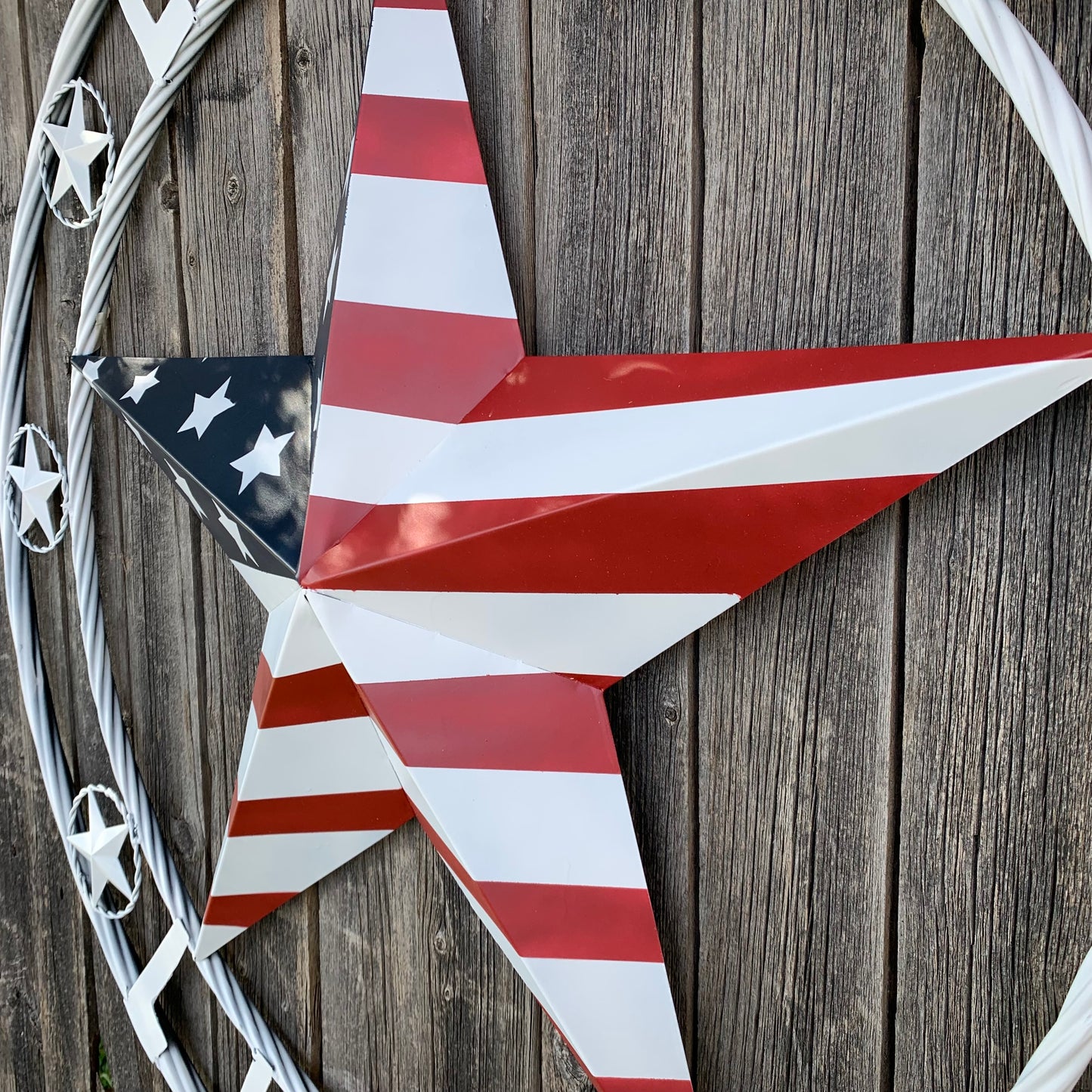 LUNA STYLE CUSTOM NAME BARN STAR METAL STAR 3d TWISTED ROPE RING WESTERN HOME DECOR USA FLAG STAR RED WHOTE & BLUE WITH WHITE RING HANDMADE 24",32",36",50"
