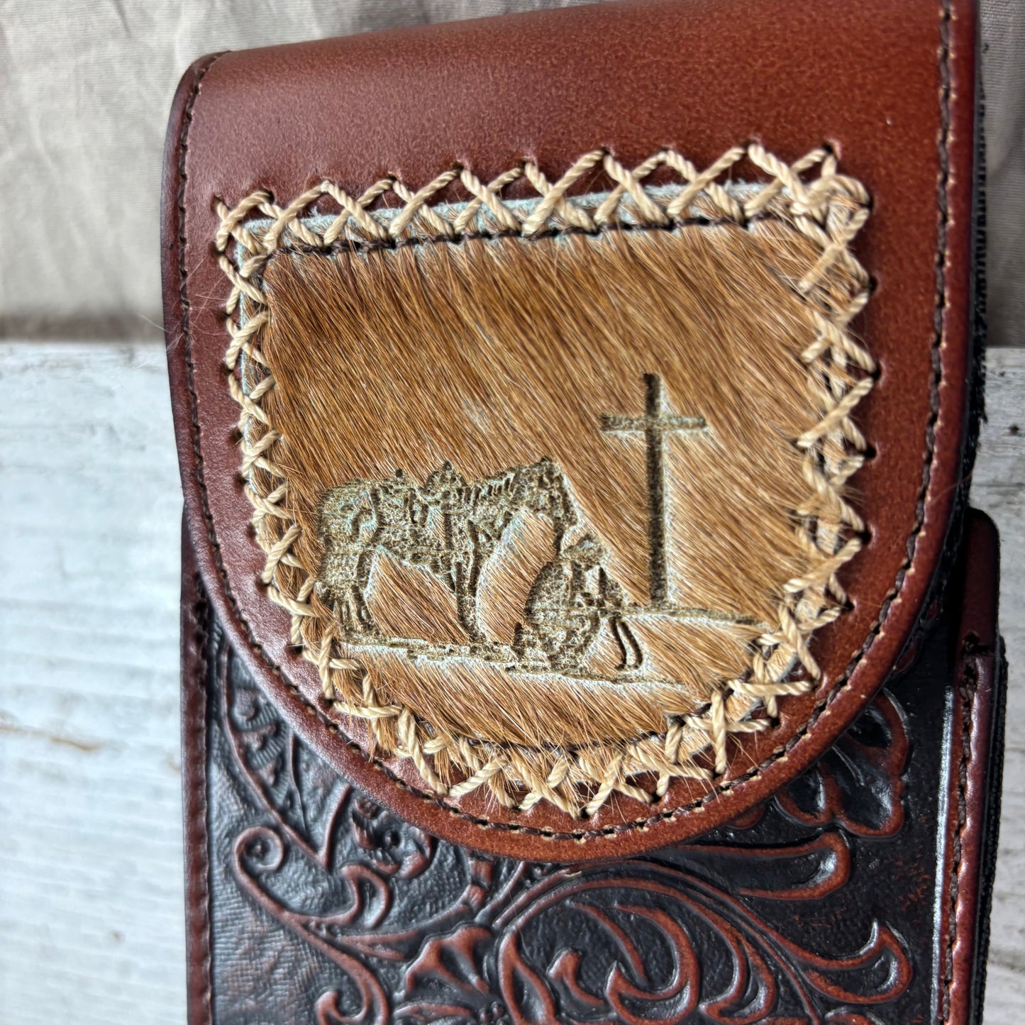 7" COWBOY PRAYER  LEATHER HOLSTER BROWN POUCH EXTRA LARGE  BELT LOOP CELL PHONE CASE UNIVERSAL OVERSIZE #EH13322