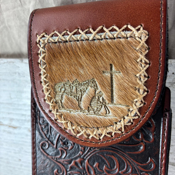 7" COWBOY PRAYER  LEATHER HOLSTER BROWN POUCH EXTRA LARGE  BELT LOOP CELL PHONE CASE UNIVERSAL OVERSIZE
