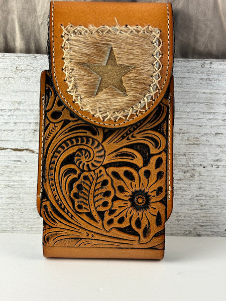 7" STAR LEATHER HOLSTER TAN BROWN STAR POUCH EXTRA LARGE  BELT LOOP CELL PHONE CASE UNIVERSAL OVERSIZE