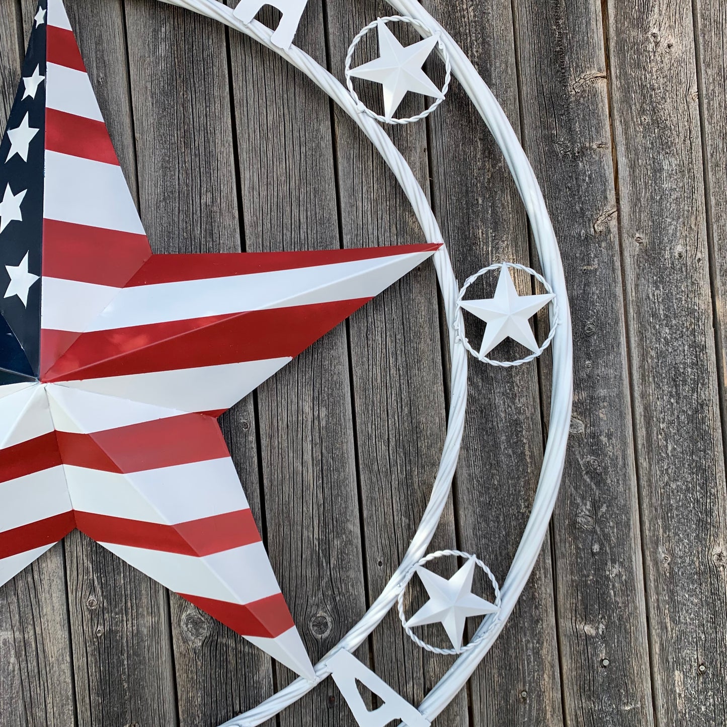 LUNA STYLE CUSTOM NAME BARN STAR METAL STAR 3d TWISTED ROPE RING WESTERN HOME DECOR USA FLAG STAR RED WHOTE & BLUE WITH WHITE RING HANDMADE 24",32",36",50"