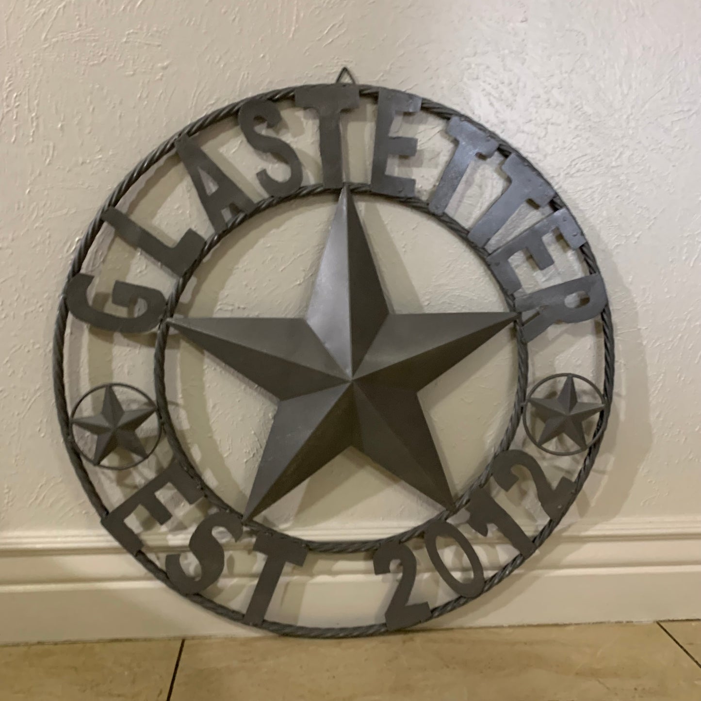GLASTETTER STYLE YOUR CUSTOM NAME BARN STAR 3d METAL LONE STAR TWISTED ROPE RING WESTERN HOME DECOR RUSTIC GREY HANDMADE 24",32",36",50"