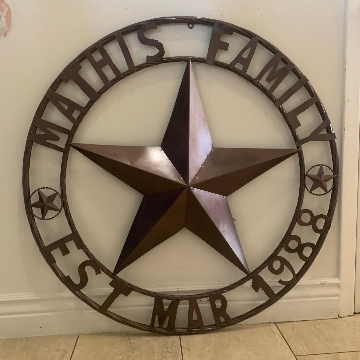 MATHIS STYLE CUSTOM NAME STAR BARN STAR 3d METAL LONESTAR TWISTED ROPE RING WESTERN HOME DECOR RUSTIC BRONZE COPPER HANDMADE 24",32",36",50"