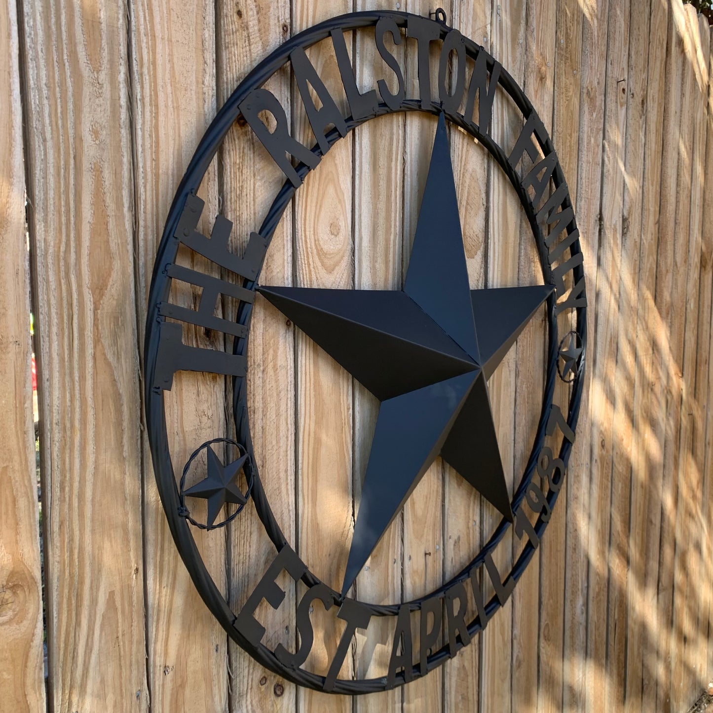 RALSTON FAMILY STYLE CUSTOM NAME STAR BARN METAL STAR 3d TWISTED ROPE RING WESTERN HOME DECOR RUSTIC BLACK HANDMADE 24",32",36",50"