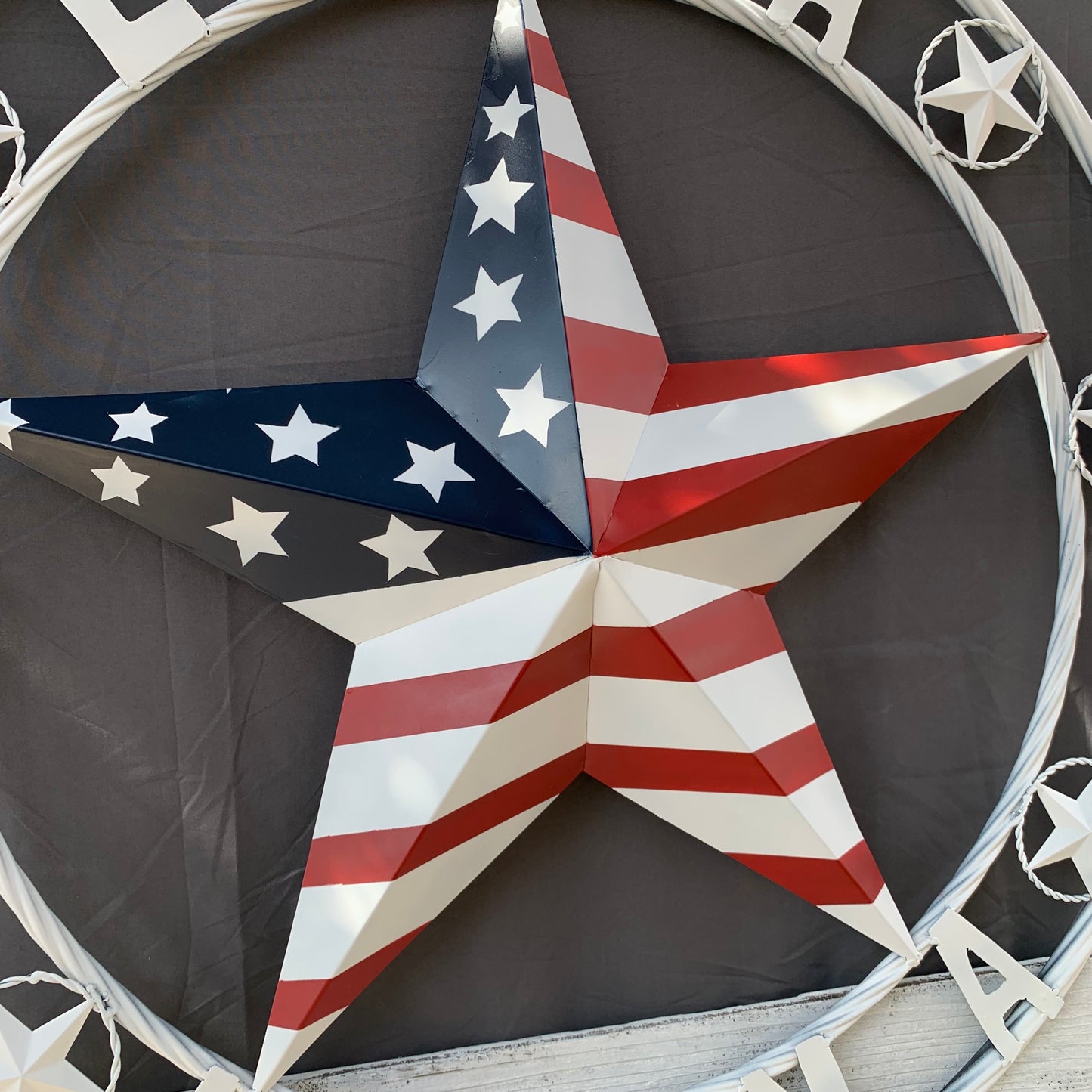 LUNA STYLE CUSTOM NAME BARN STAR METAL STAR 3d TWISTED ROPE RING WESTERN HOME DECOR USA FLAG STAR RED WHOTE & BLUE WITH WHITE RING HANDMADE 24",32",36",50"