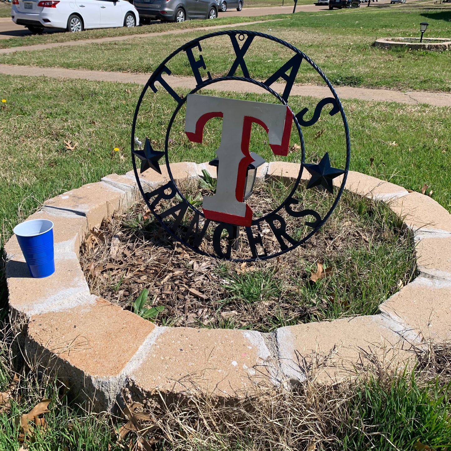 12", 18", 24", 32" TEXAS RANGERS BARN CUSTOM METAL VINTAGE CRAFT SIGN TEAM  WHITE & RED & NAVY BLUE RING & STAR HANDMADE