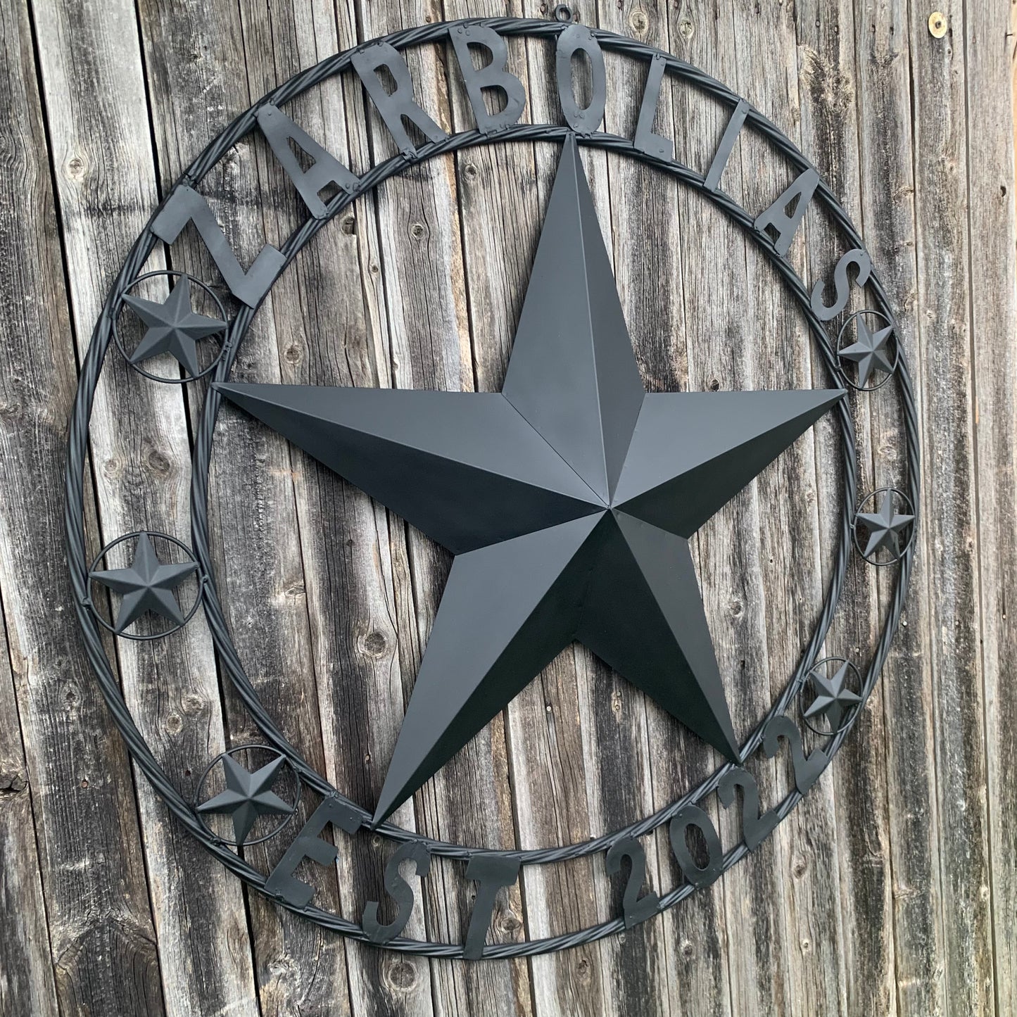ZARBOLIAS STYLE CUSTOM NAME STAR BARN METAL STAR 3d TWISTED ROPE RING WESTERN HOME DECOR RUSTIC BLACK HANDMADE 24",32",36",50"