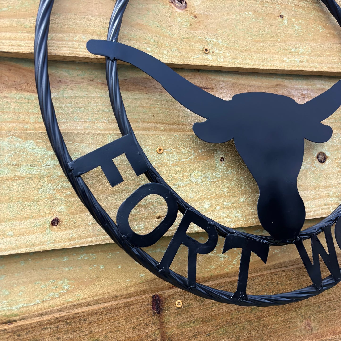 TEXAS FORT WORTH METAL SIGN LONGHORNS BLACK WESTERN HOME DECOR HANDMADE