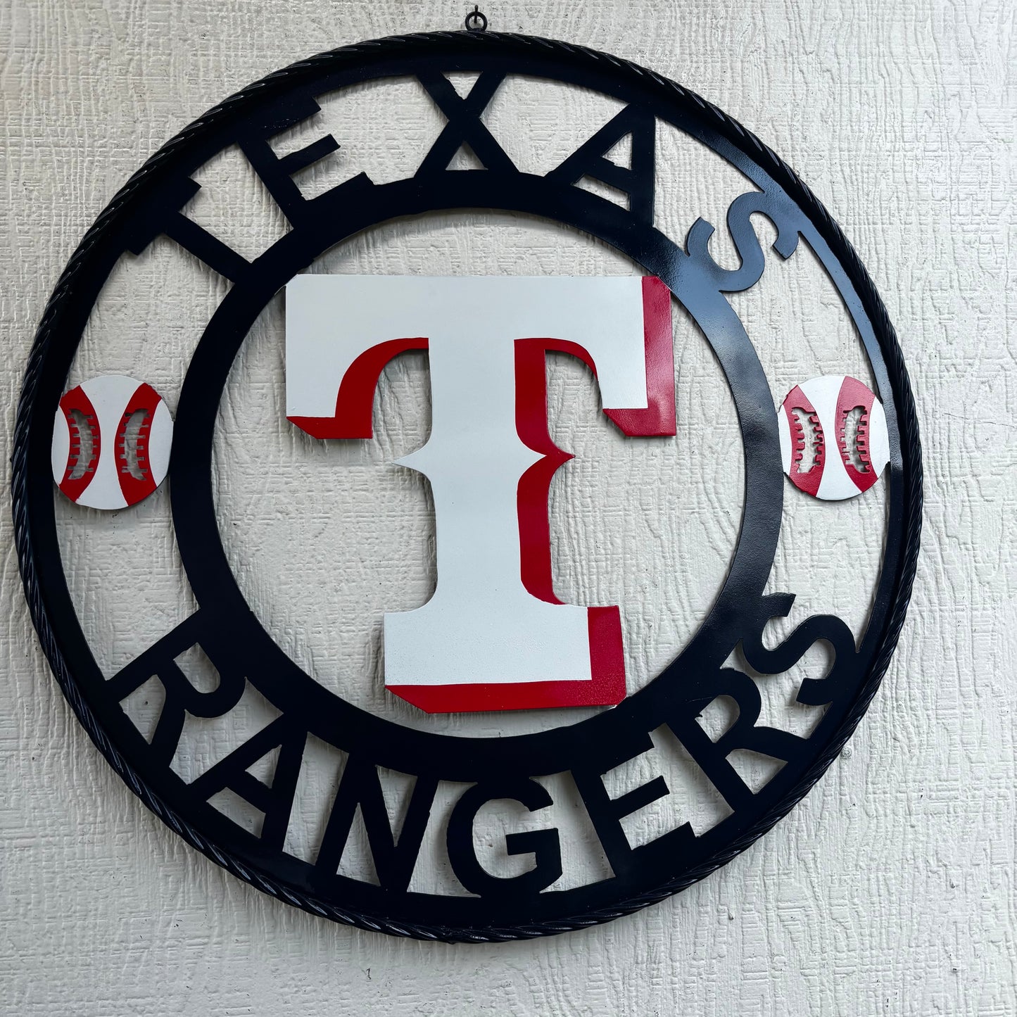 TEXAS RANGERS CUSTOM METAL VINTAGE CRAFT TEAM SIGN WHITE & RED & NAVY BLUE RING HANDMADE