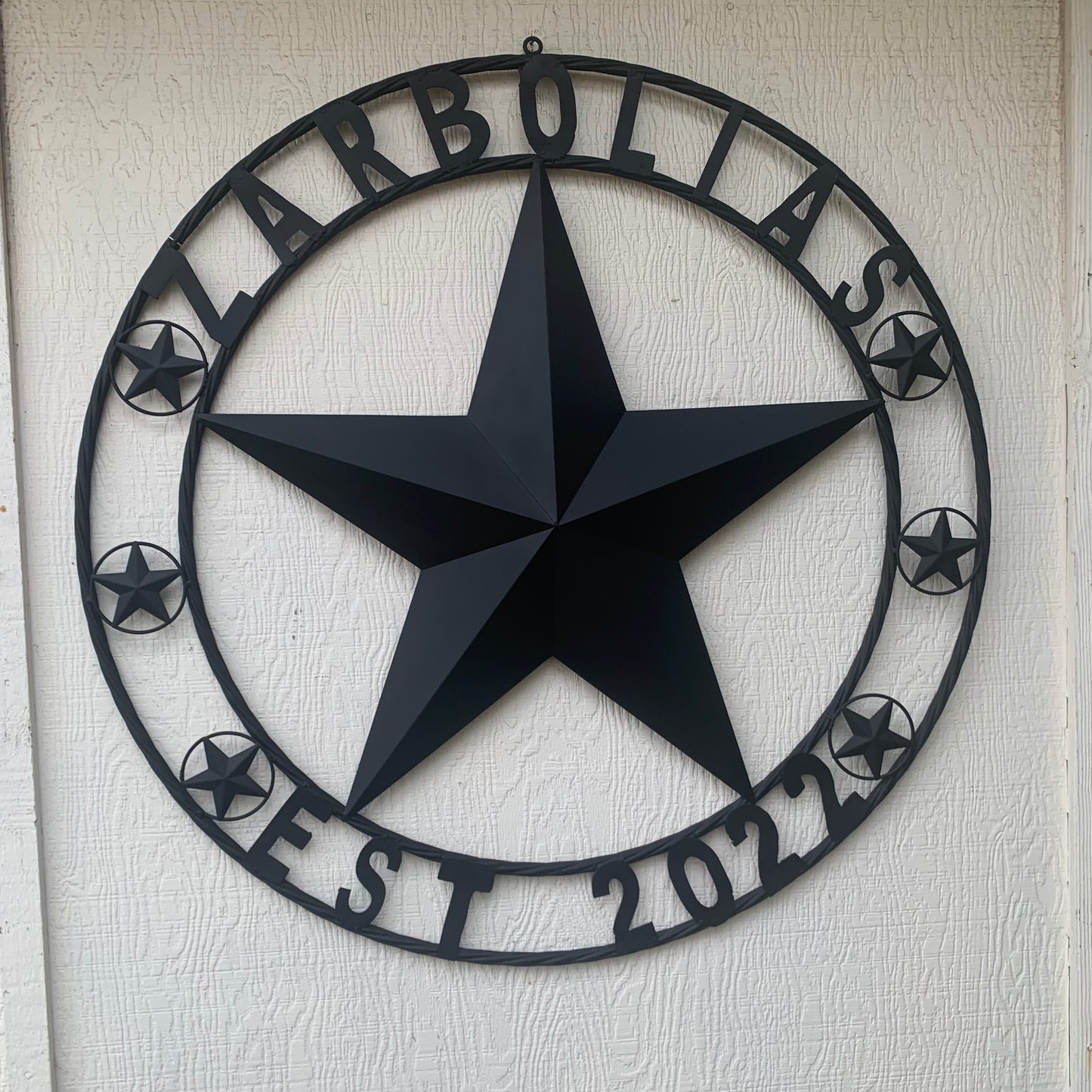 ZARBOLIAS STYLE CUSTOM NAME STAR BARN METAL STAR 3d TWISTED ROPE RING WESTERN HOME DECOR RUSTIC BLACK HANDMADE 24",32",36",50"