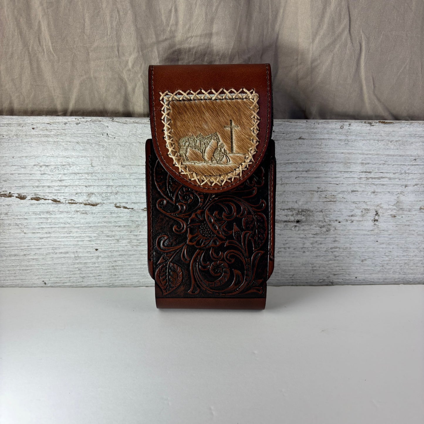 7" COWBOY PRAYER  LEATHER HOLSTER BROWN POUCH EXTRA LARGE  BELT LOOP CELL PHONE CASE UNIVERSAL OVERSIZE #EH13322