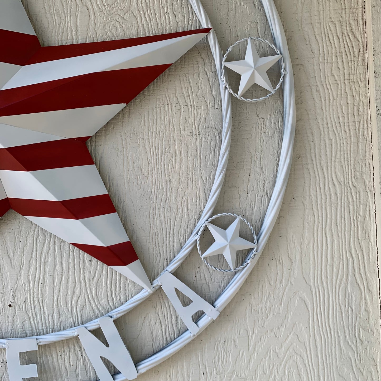 LUNA STYLE CUSTOM NAME BARN STAR METAL STAR 3d TWISTED ROPE RING WESTERN HOME DECOR USA FLAG STAR RED WHOTE & BLUE WITH WHITE RING HANDMADE 24",32",36",50"
