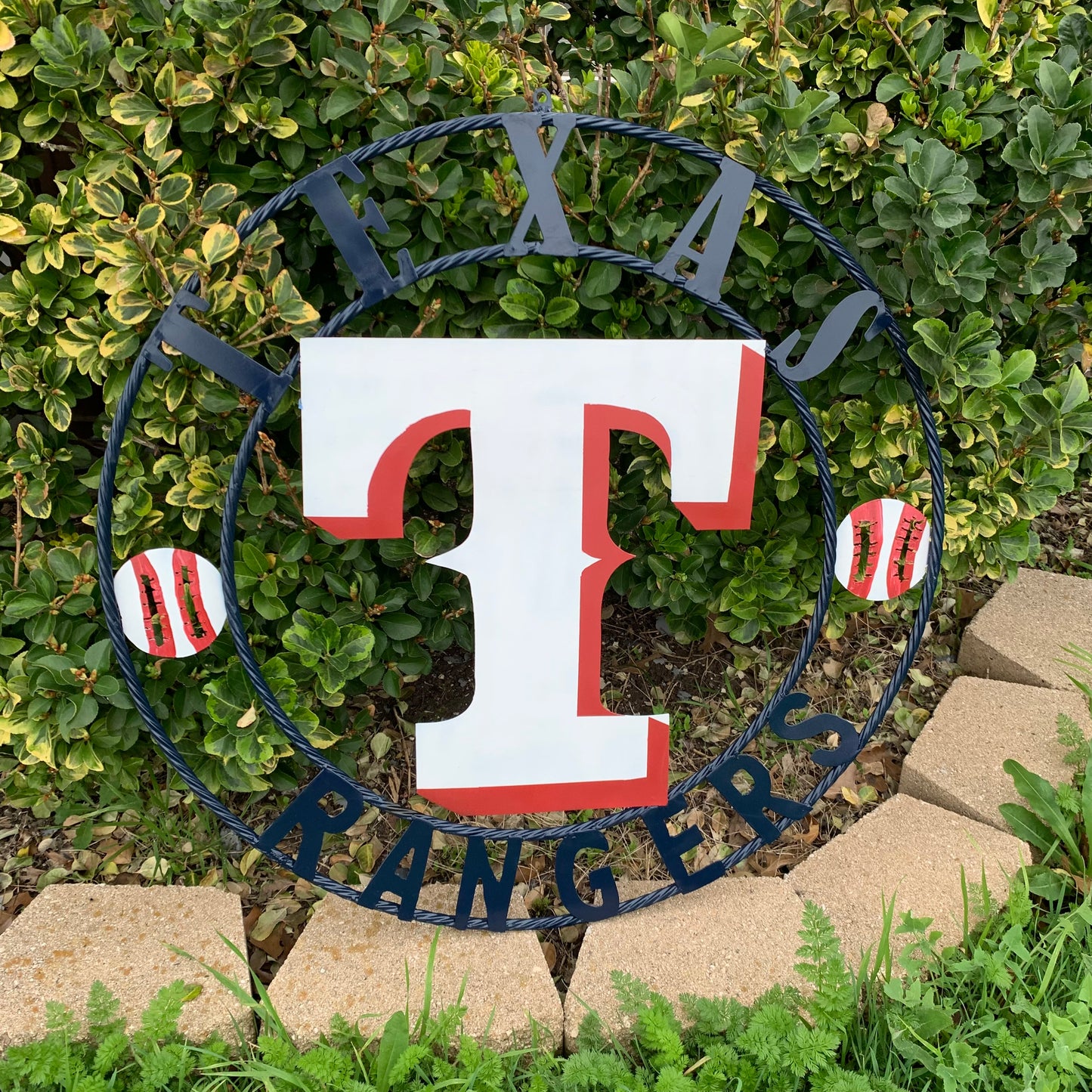 TEXAS RANGERS CUSTOM METAL VINTAGE CRAFT TEAM SIGN WHITE & RED & NAVY BLUE RING HANDMADE