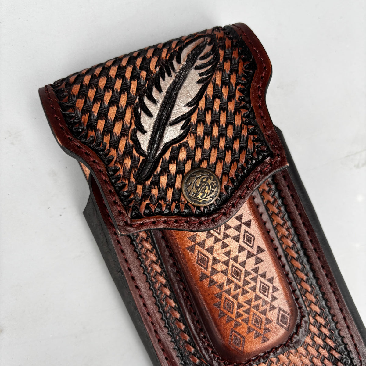 LEAF LEATHER HOLSTER 7" PHONE POUCH WITH KNIFE HOLDER FRONT EXTRA LARGE  BELT LOOP CELL PHONE CASE UNIVERSAL OVERSIZE MEXICO MADE #EH13863