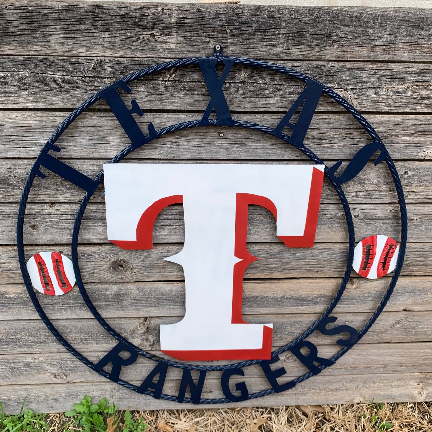 TEXAS RANGERS CUSTOM METAL VINTAGE CRAFT TEAM SIGN WHITE & RED & NAVY BLUE RING HANDMADE