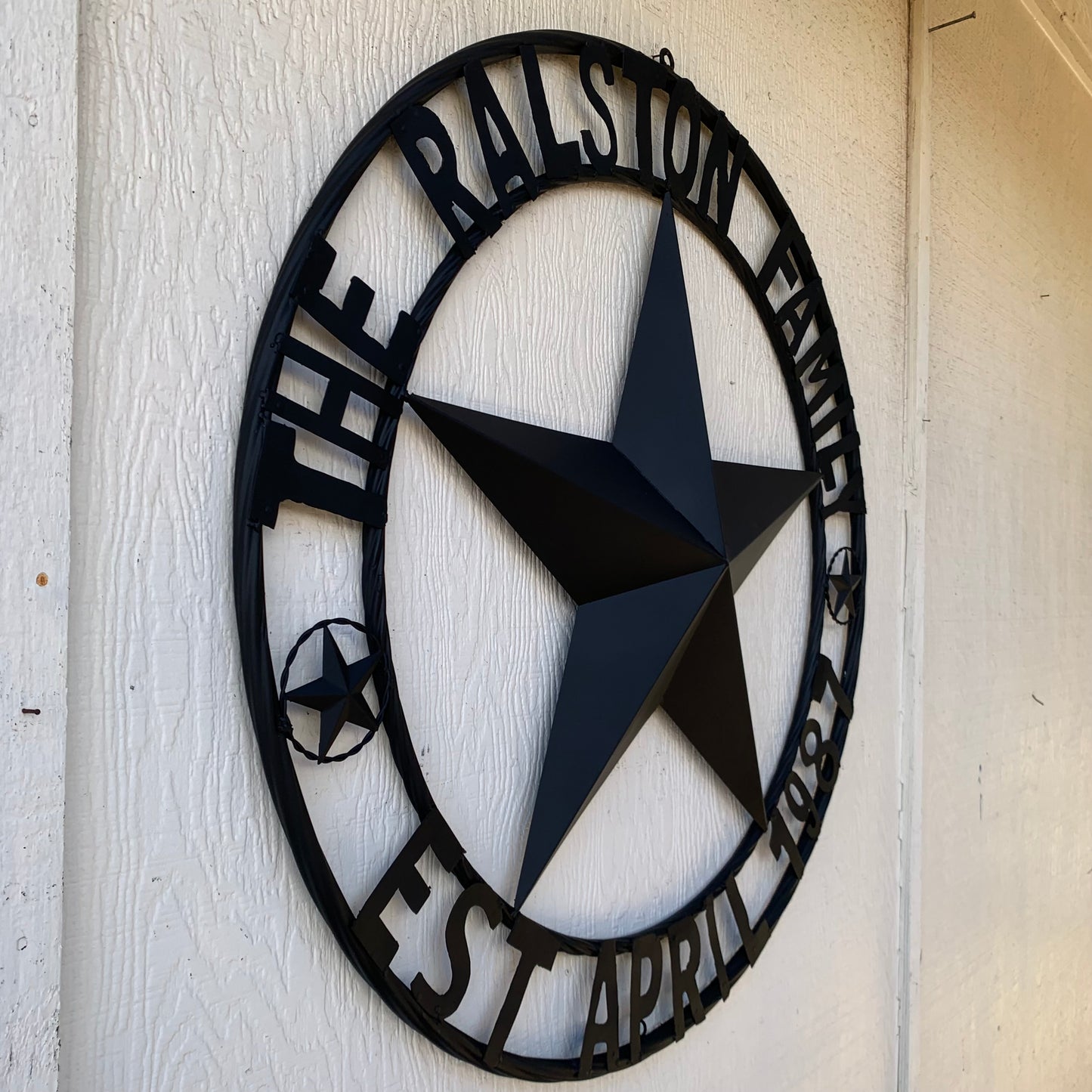 RALSTON FAMILY STYLE CUSTOM NAME STAR BARN METAL STAR 3d TWISTED ROPE RING WESTERN HOME DECOR RUSTIC BLACK HANDMADE 24",32",36",50"