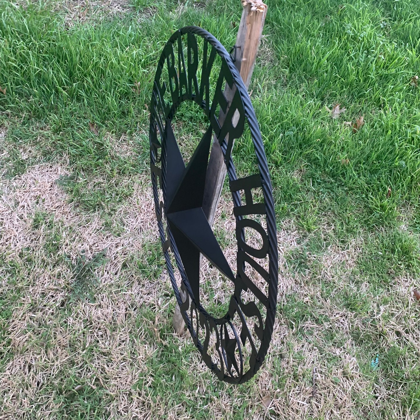 BARKER STYLE CUSTOM NAME STAR BARN METAL STAR 3d TWISTED ROPE RING LONESTAR WESTERN HOME DECOR RUSTIC BLACK HANDMADE 24",32",36",50"