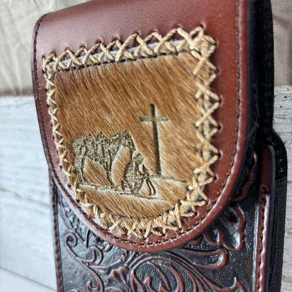 7" COWBOY PRAYER  LEATHER HOLSTER BROWN POUCH EXTRA LARGE  BELT LOOP CELL PHONE CASE UNIVERSAL OVERSIZE