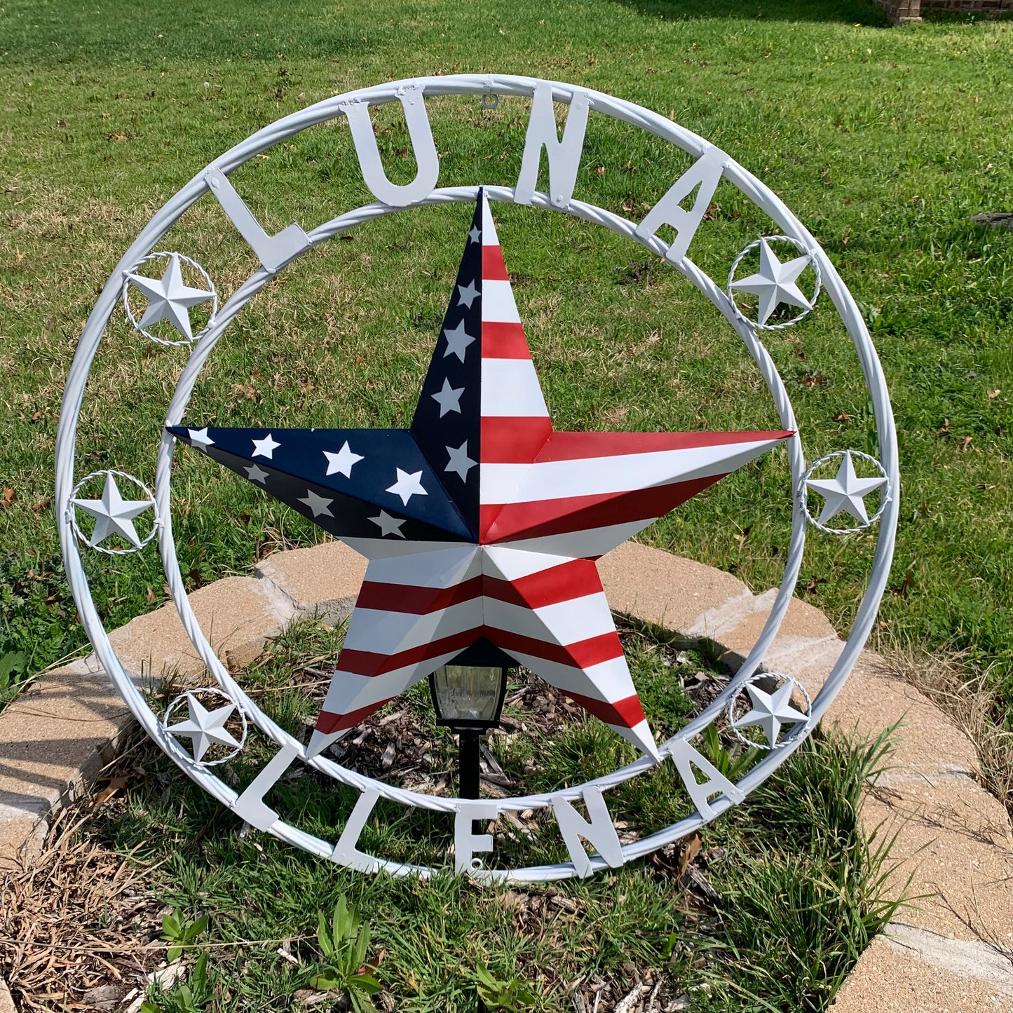 LUNA STYLE CUSTOM NAME BARN STAR METAL STAR 3d TWISTED ROPE RING WESTERN HOME DECOR USA FLAG STAR RED WHOTE & BLUE WITH WHITE RING HANDMADE 24",32",36",50"