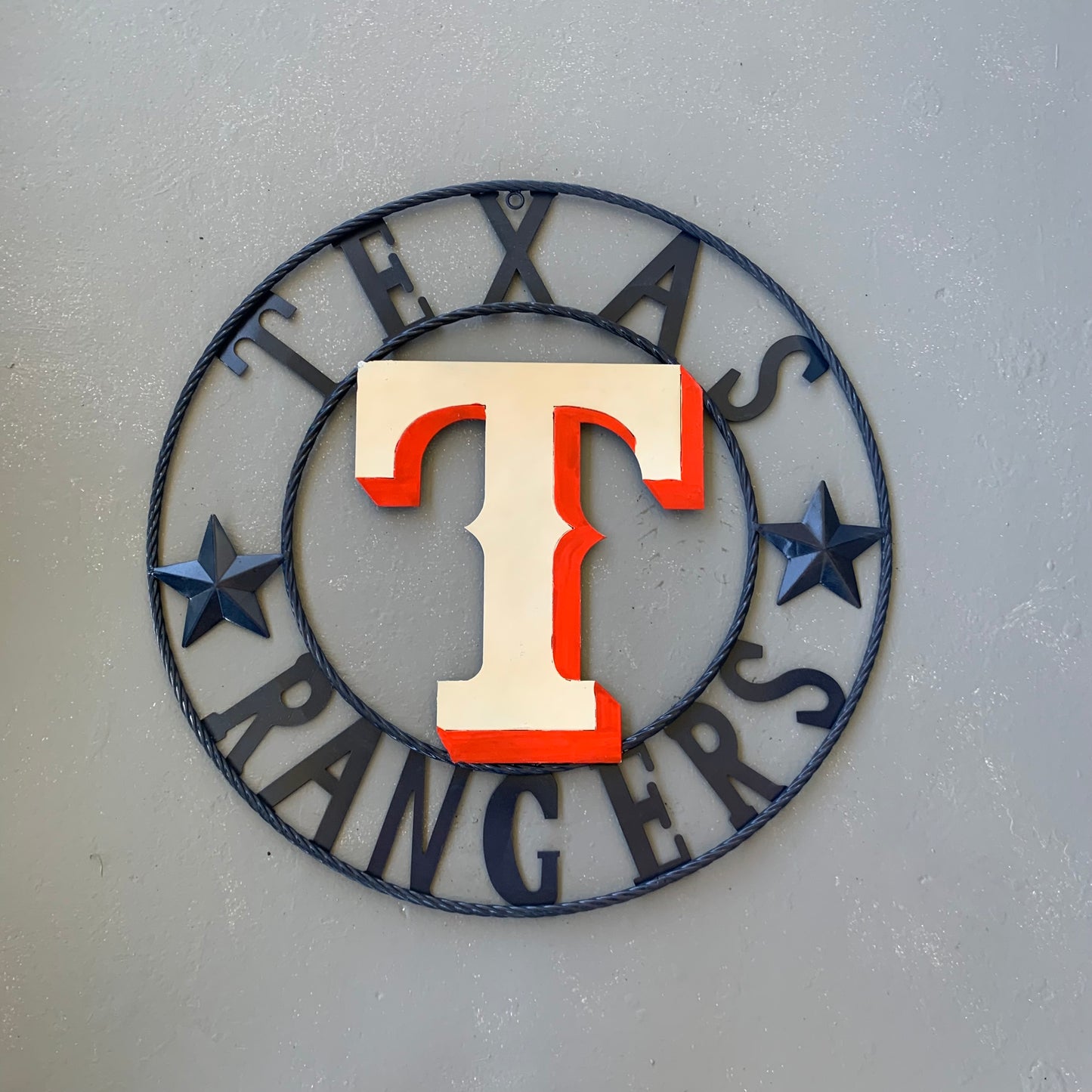 12", 18", 24", 32" TEXAS RANGERS BARN CUSTOM METAL VINTAGE CRAFT SIGN TEAM  WHITE & RED & NAVY BLUE RING & STAR HANDMADE