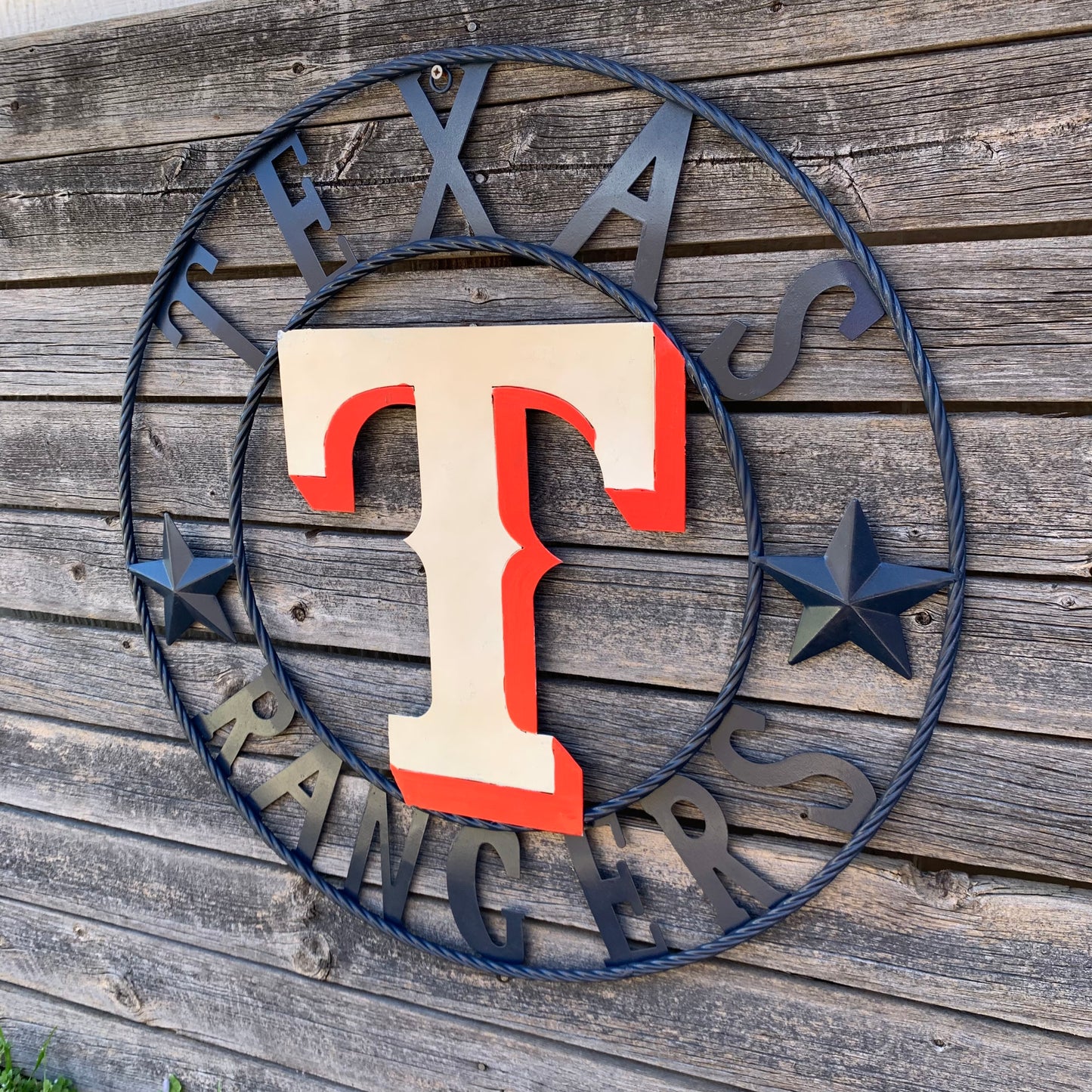 12", 18", 24", 32" TEXAS RANGERS BARN CUSTOM METAL VINTAGE CRAFT SIGN TEAM  WHITE & RED & NAVY BLUE RING & STAR HANDMADE