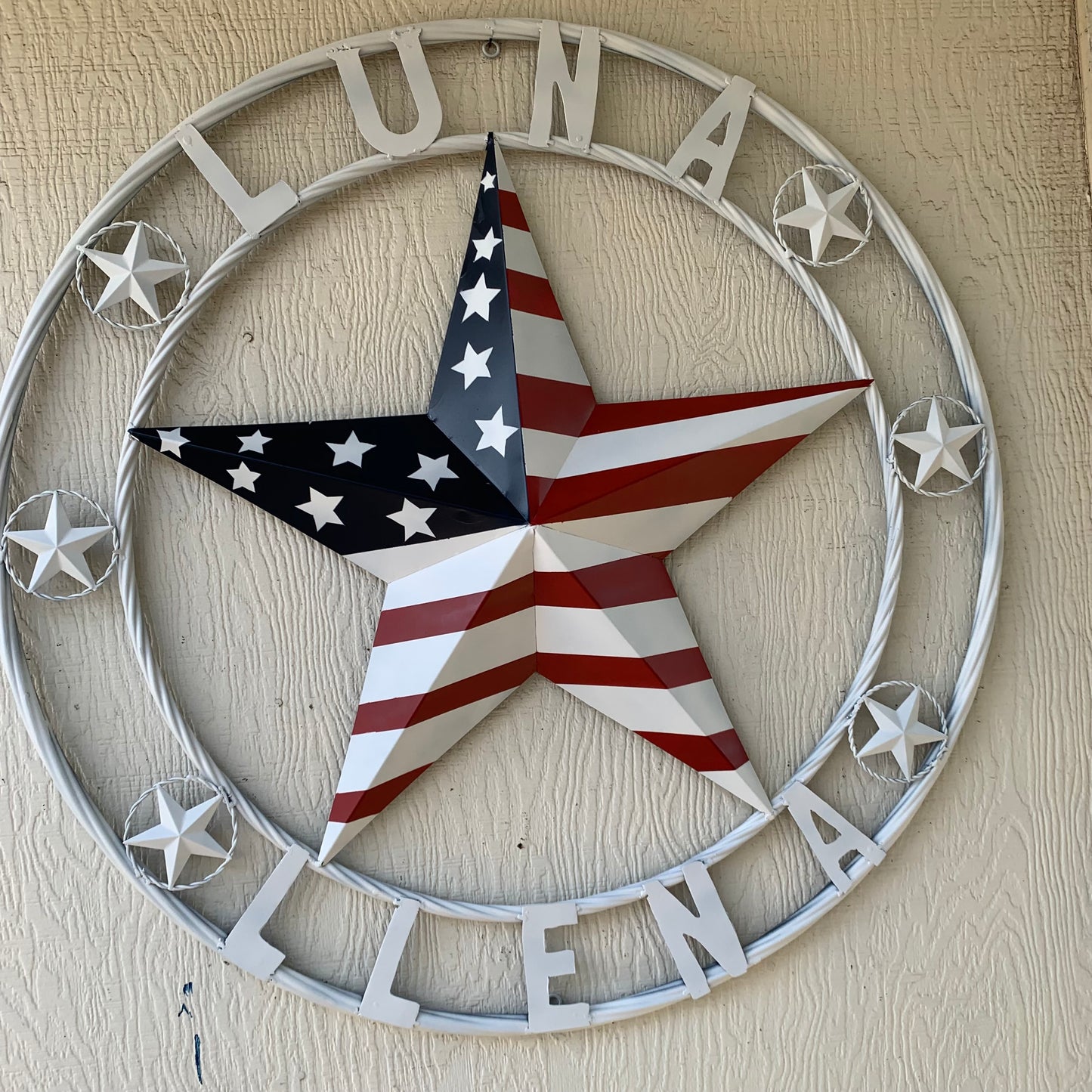 LUNA STYLE CUSTOM NAME BARN STAR METAL STAR 3d TWISTED ROPE RING WESTERN HOME DECOR USA FLAG STAR RED WHOTE & BLUE WITH WHITE RING HANDMADE 24",32",36",50"