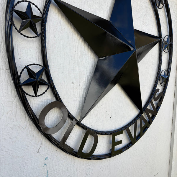 360 OLD EVANS STYLE CUSTOM STAR NAME BARN METAL STAR 3d TWISTED ROPE RING WESTERN HOME DECOR RUSTIC BLACK HANDMADE 24",32",36",50"