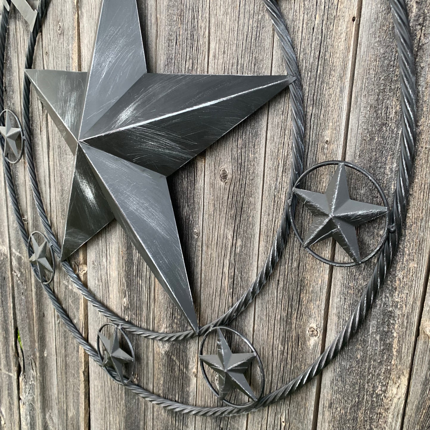 TEXAS BLACK DISTRESSED STAR TWO TONE TEXTURE BARN STAR METAL LONESTAR TWISTED ROPE RING WESTERN HOME DECOR HANDMADE NEW