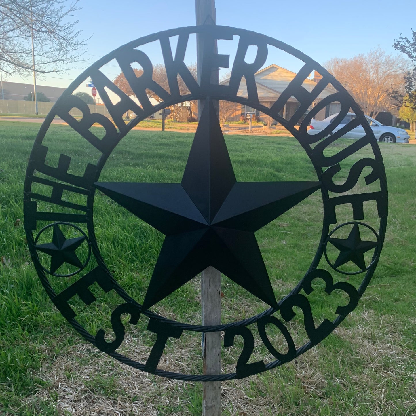 BARKER STYLE CUSTOM NAME STAR BARN METAL STAR 3d TWISTED ROPE RING LONESTAR WESTERN HOME DECOR RUSTIC BLACK HANDMADE 24",32",36",50"