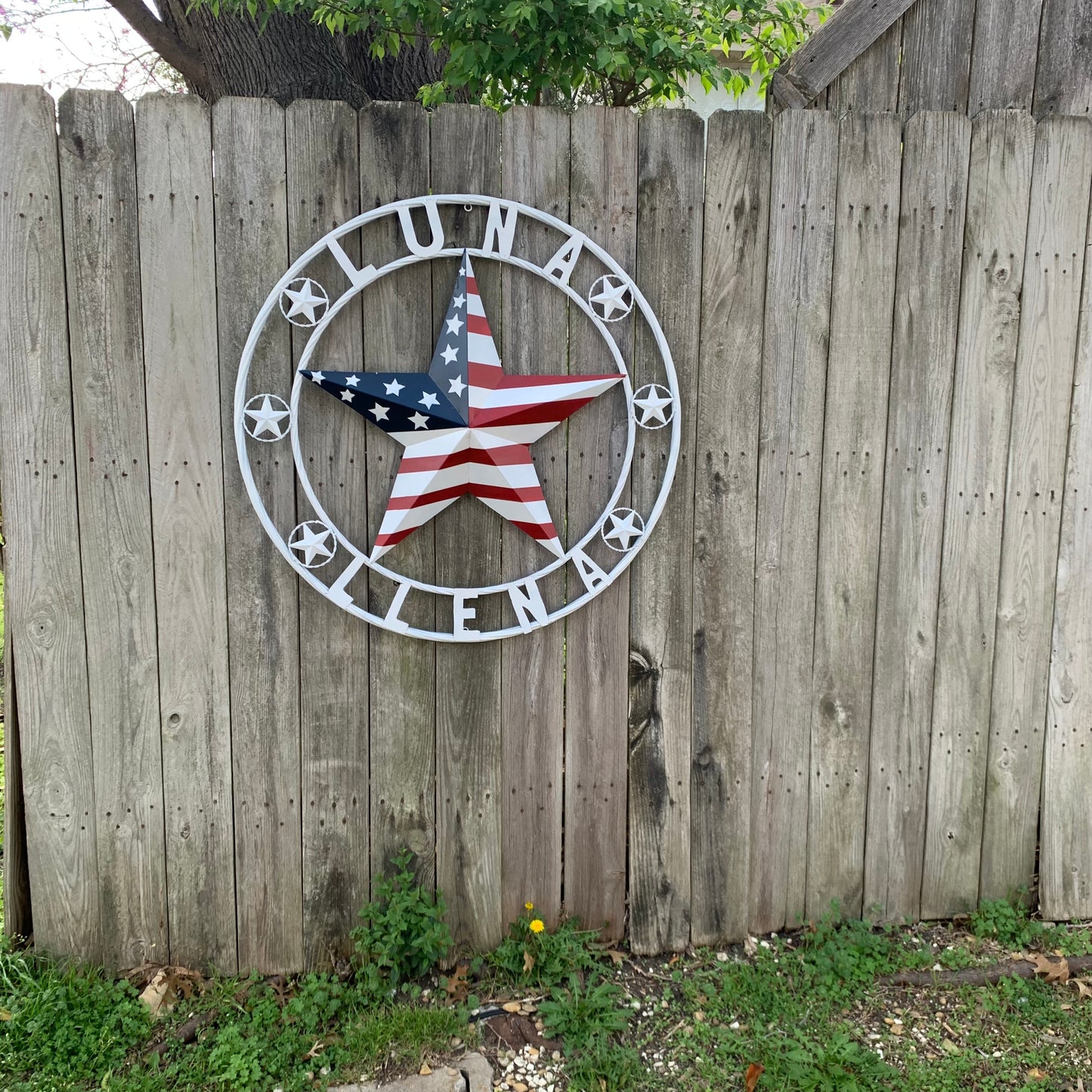 LUNA STYLE CUSTOM NAME BARN STAR METAL STAR 3d TWISTED ROPE RING WESTERN HOME DECOR USA FLAG STAR RED WHOTE & BLUE WITH WHITE RING HANDMADE 24",32",36",50"