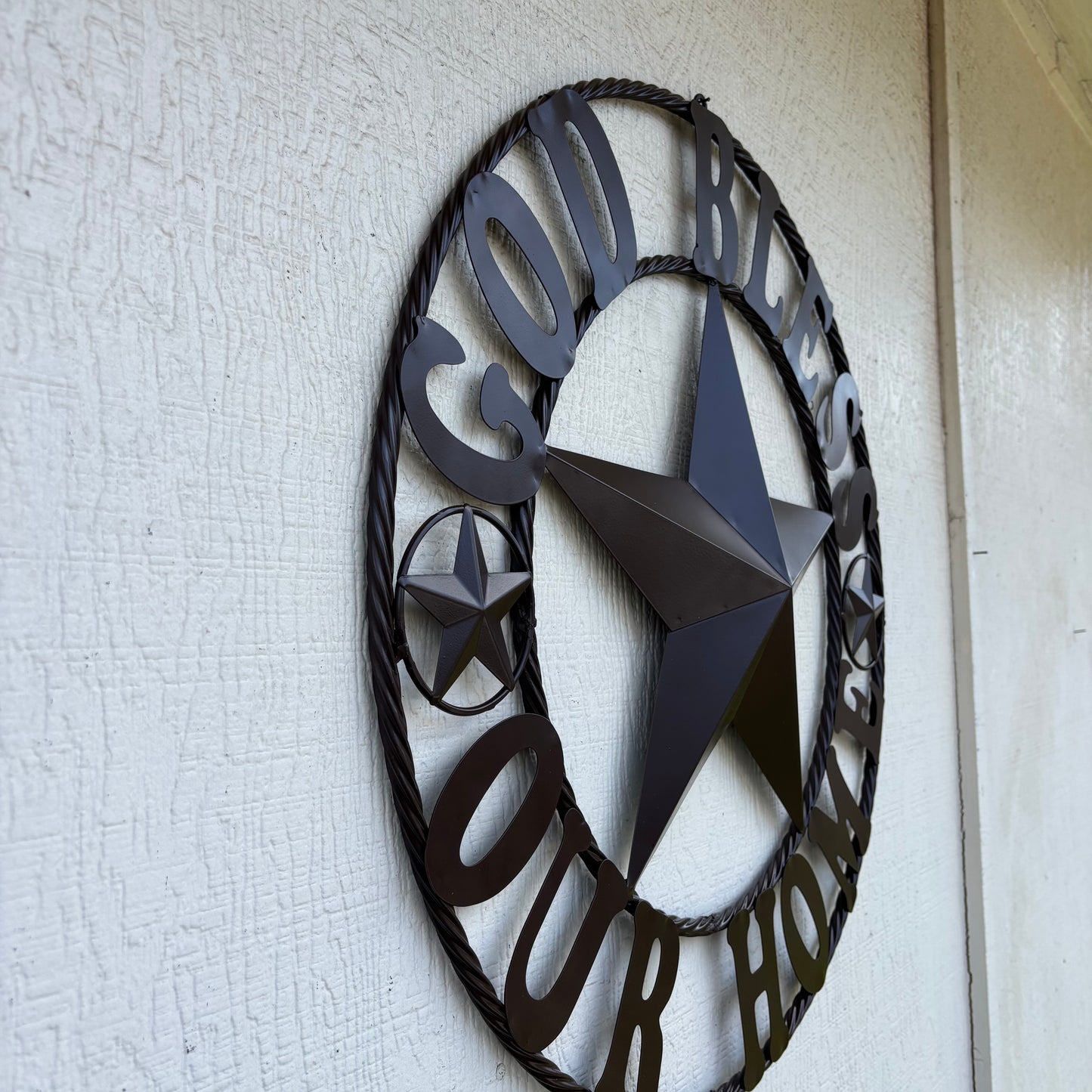 GOD BLESS OUR HOME BLACK BARN STAR METAL LONE STAR TWISTED ROPE RING WESTERN HOME DECOR HANDMADE #EH10941