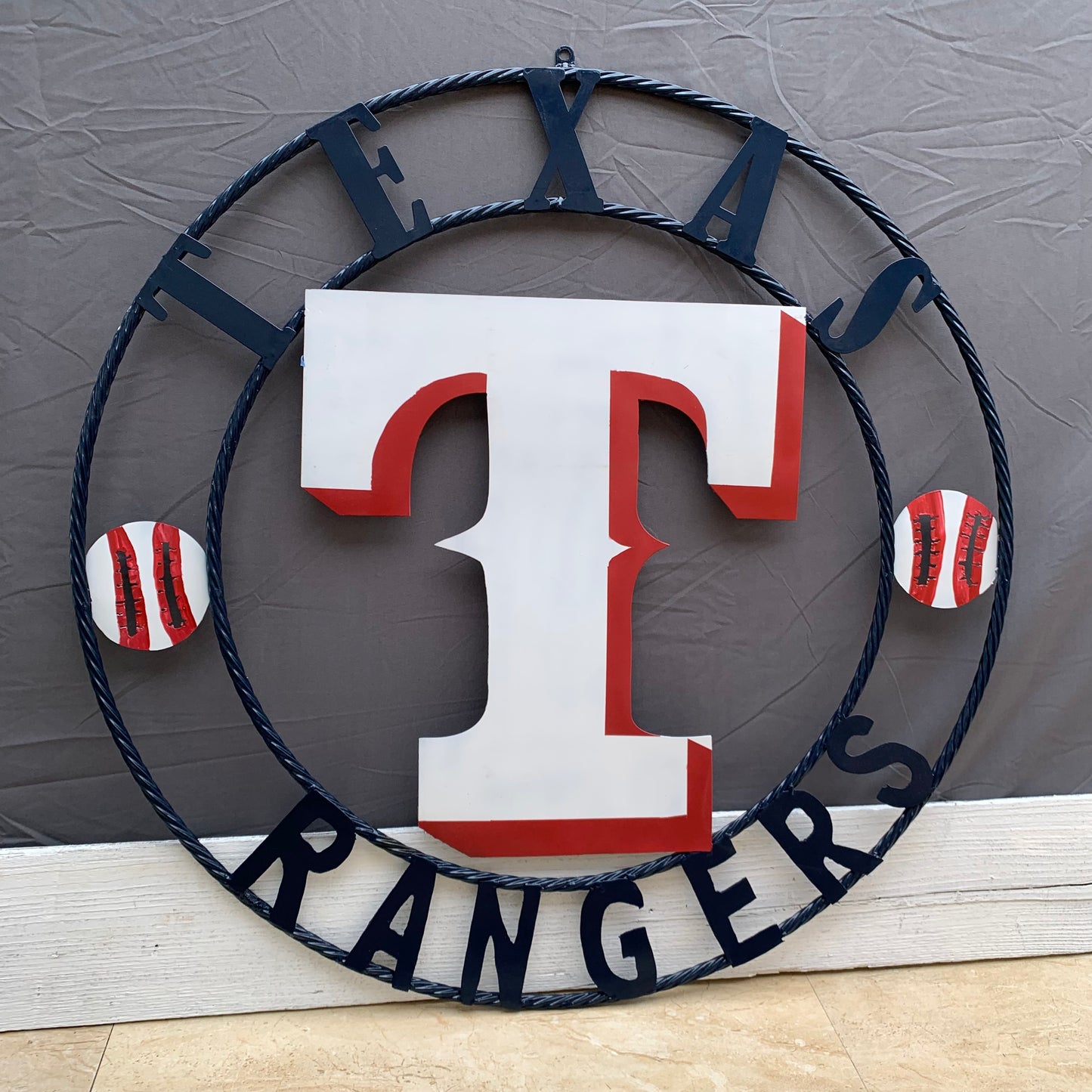 TEXAS RANGERS CUSTOM METAL VINTAGE CRAFT TEAM SIGN WHITE & RED & NAVY BLUE RING HANDMADE