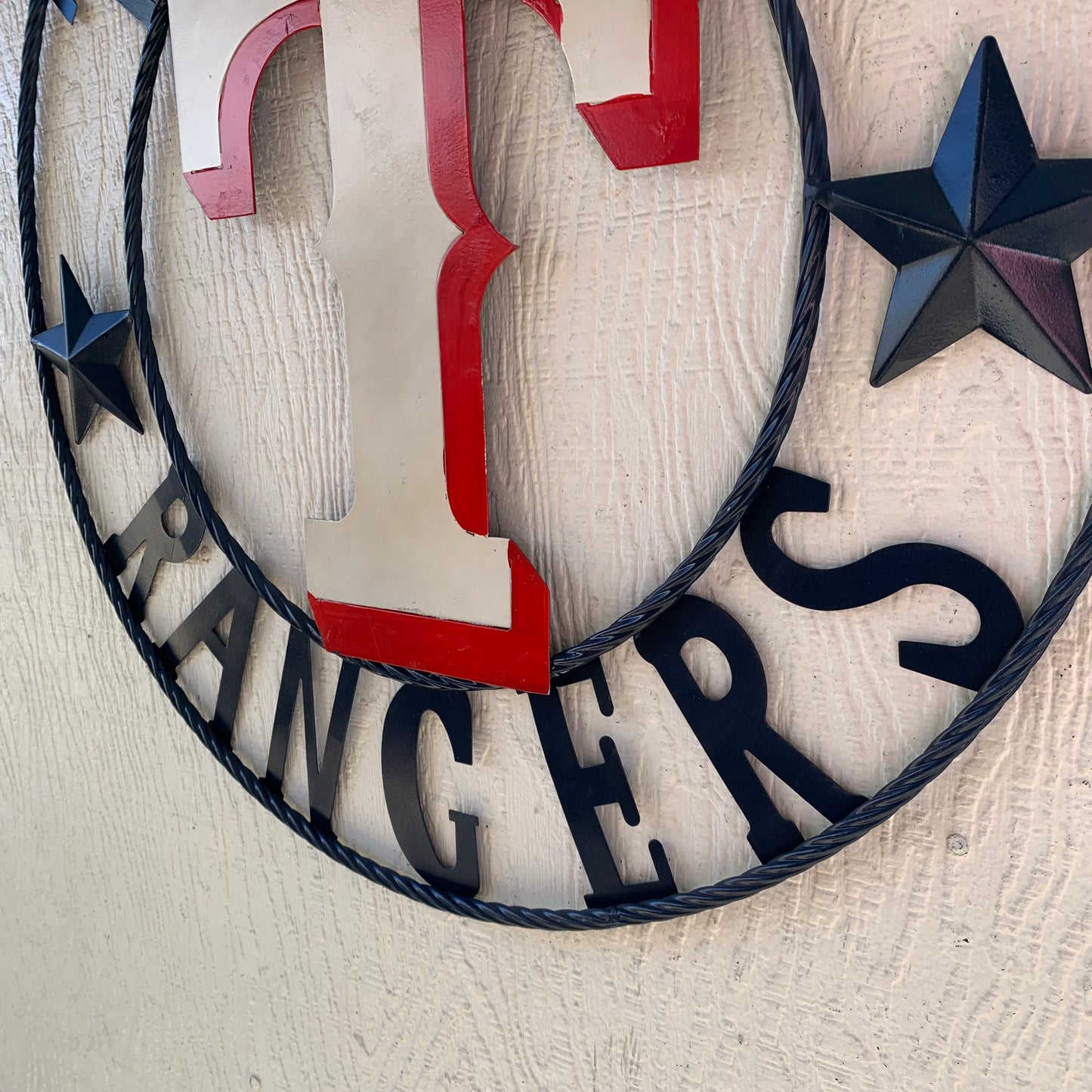 12", 18", 24", 32" TEXAS RANGERS BARN CUSTOM METAL VINTAGE CRAFT SIGN TEAM  WHITE & RED & NAVY BLUE RING & STAR HANDMADE