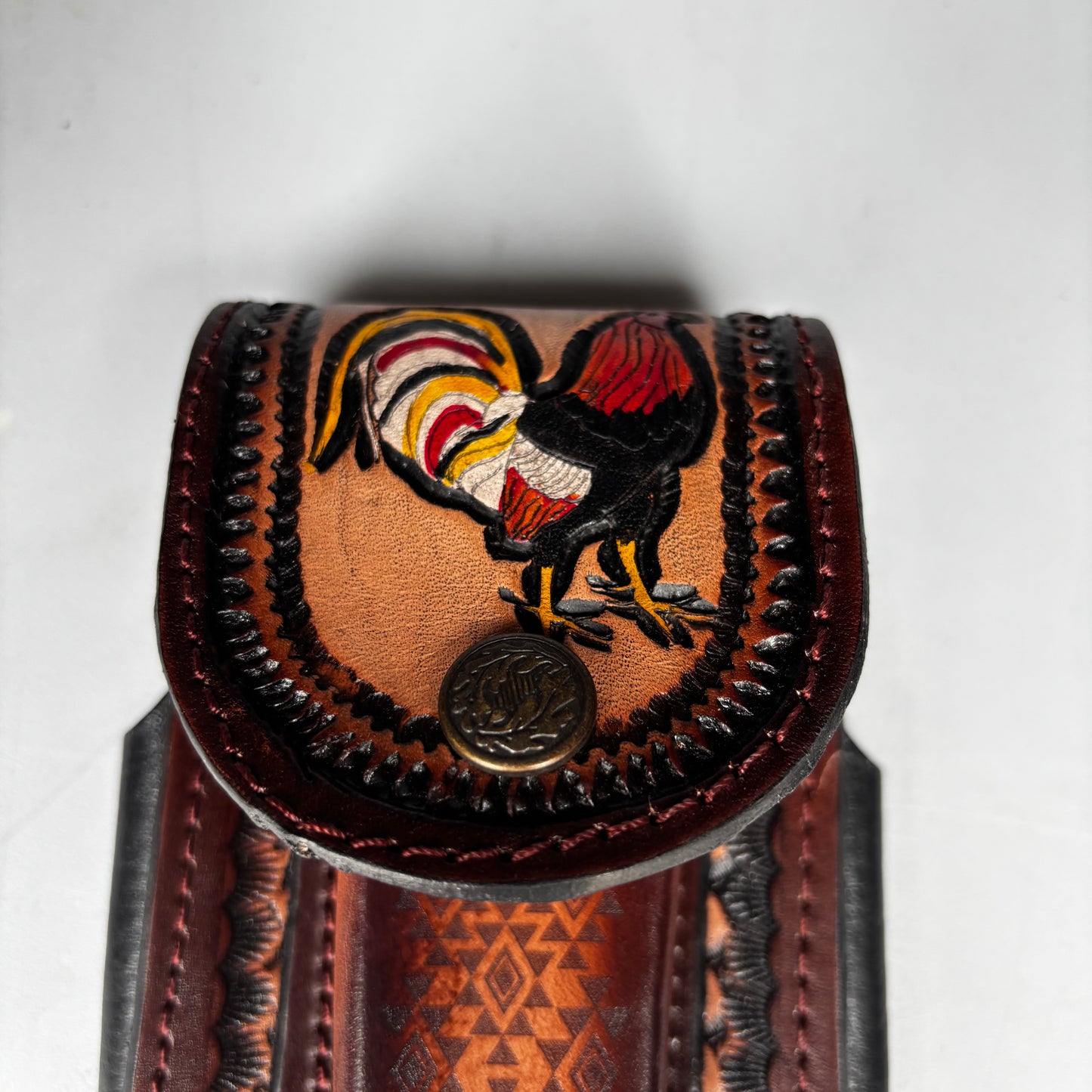 ROOSTER LEATHER HOLSTER 7" PHONE POUCH WITH KNIFE HOLDER FRONT EXTRA LARGE  BELT LOOP CELL PHONE CASE UNIVERSAL OVERSIZE MADE IN MEXICO #EH13860
