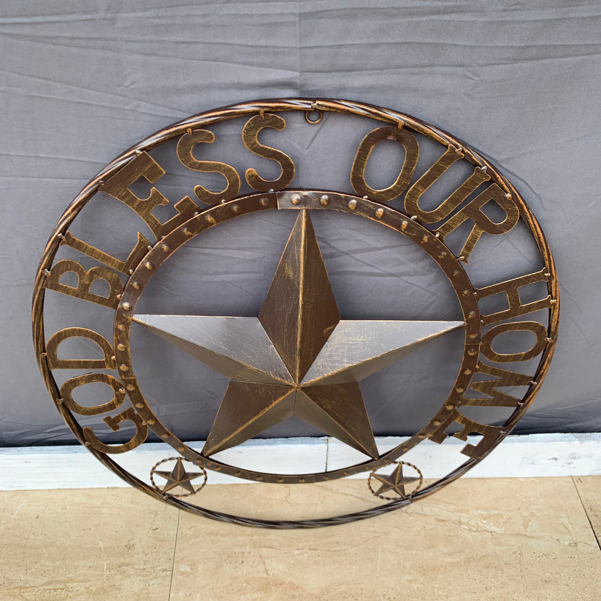 24" GOD BLESS OUR HOME BEADED STAR COLIBROX METAL TWISTED ROPE RING LONE STAR WALL ART WESTERN HOME DECOR RUSTIC DARK BRONZE COPPER HANDMADE NEW