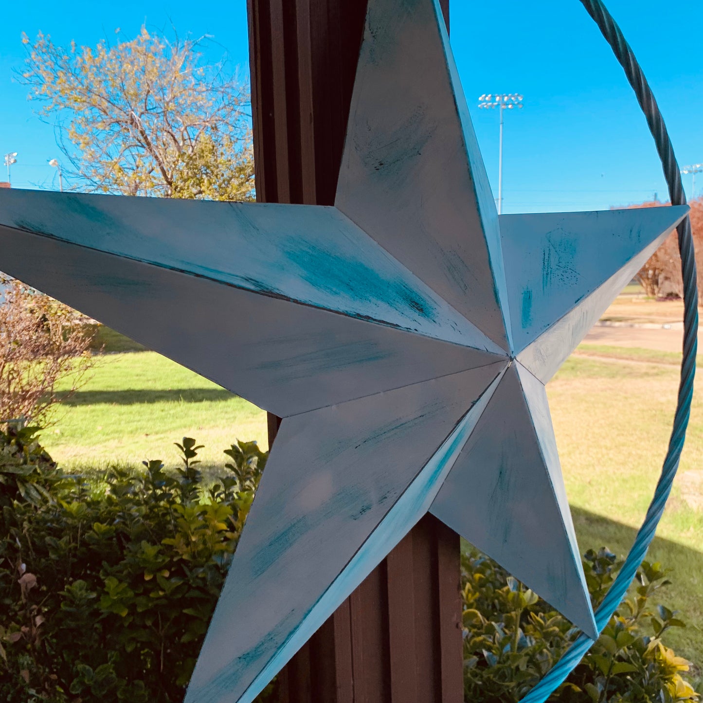 #EH11219 TURQUOISE WHITE DISTRESSED STAR TWO TONE TEXTURE BARN STAR METAL LONESTAR TWISTED ROPE RING WESTERN HOME DECOR HANDMADE NEW