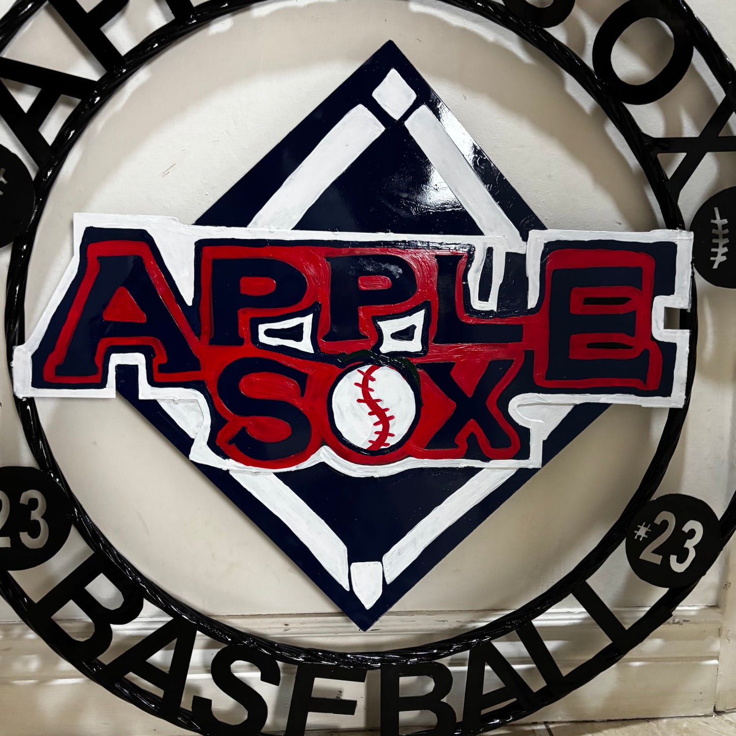 APPLE SOX BASEBALL CUSTOM METAL VINTAGE CRAFT SIGN TEAM NAVY BLUE WHITE RED HANDMADE