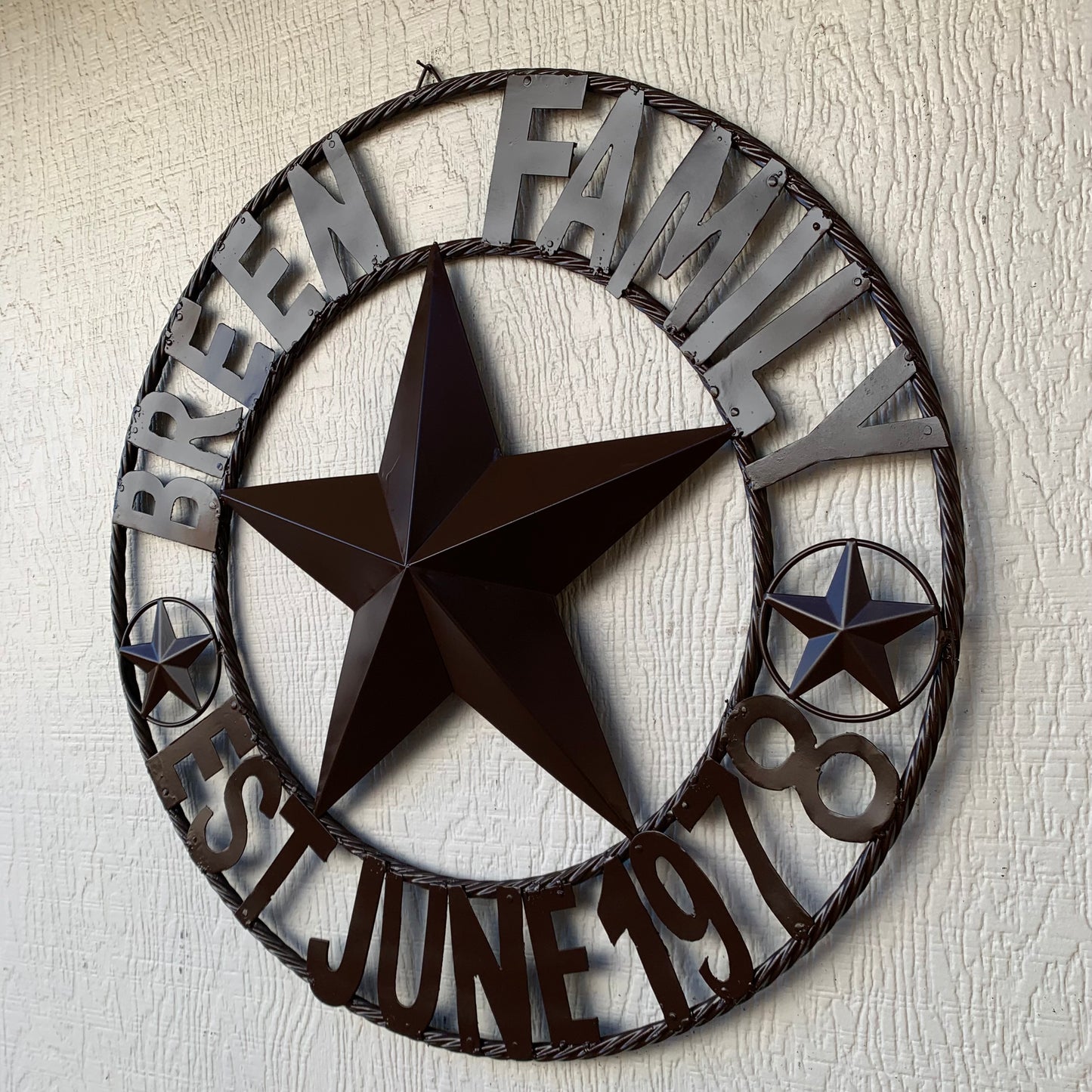 BREEN FAMILY STYLE CUSTOM NAME STAR BARN METAL STAR 3d TWISTED ROPE RING WESTERN HOME DECOR RUSTIC BROWN HANDMADE 24",32",36",50"