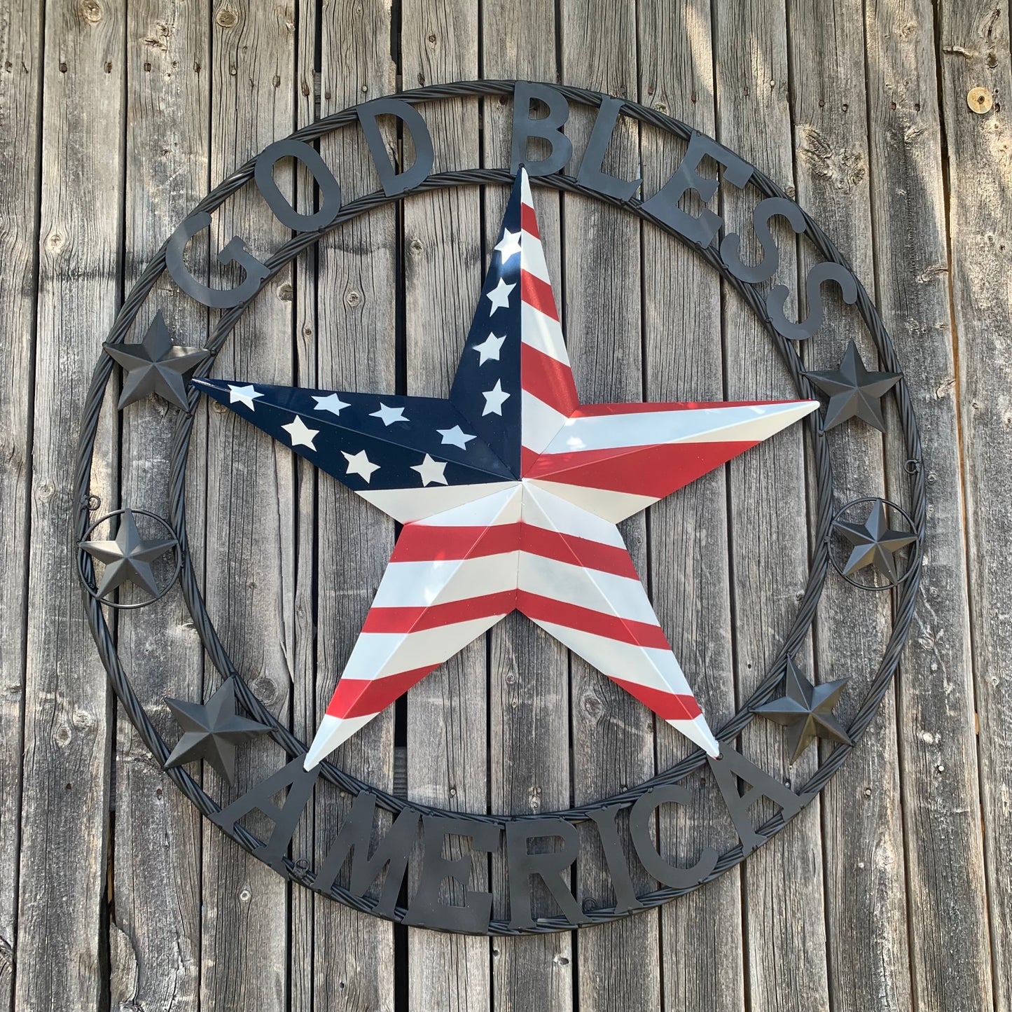 GOD BLESS AMERICA USA FLAG 3d STAR METAL BARN STAR BLACK TWISTED ROPE RING WALL ART WESTERN HOME DECOR RED WHITE & BLUE HANDMADE NEW #EH10490