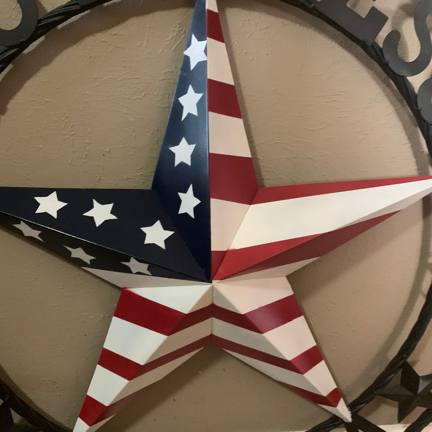 GOD BLESS AMERICA USA FLAG 3d STAR METAL BARN STAR BLACK TWISTED ROPE RING WALL ART WESTERN HOME DECOR RED WHITE & BLUE HANDMADE NEW #EH10490