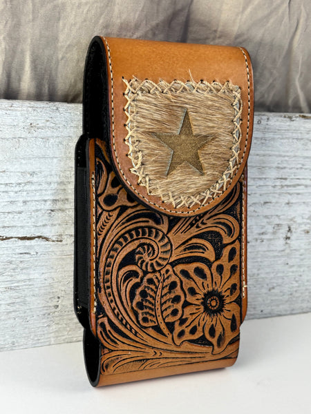 7" STAR LEATHER HOLSTER TAN BROWN STAR POUCH EXTRA LARGE  BELT LOOP CELL PHONE CASE UNIVERSAL OVERSIZE