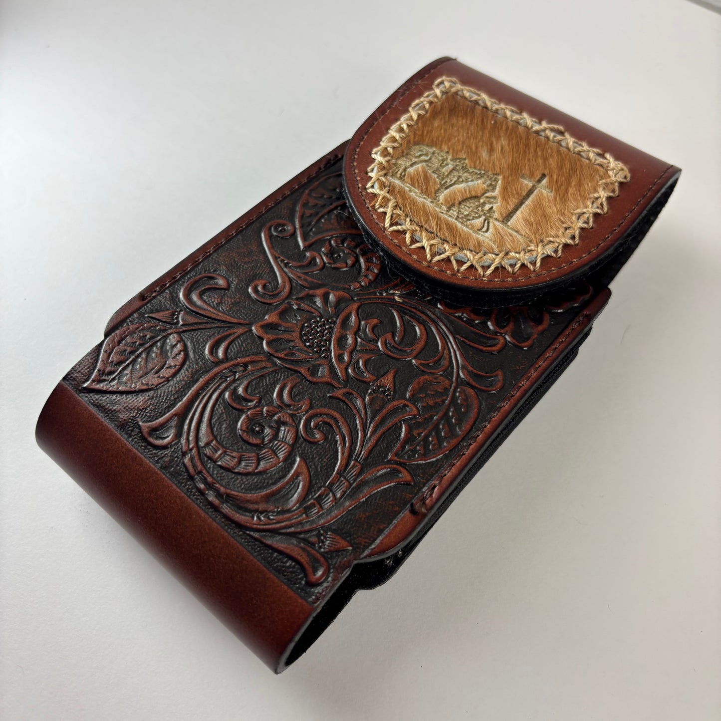 7" COWBOY PRAYER  LEATHER HOLSTER BROWN POUCH EXTRA LARGE  BELT LOOP CELL PHONE CASE UNIVERSAL OVERSIZE #EH13322
