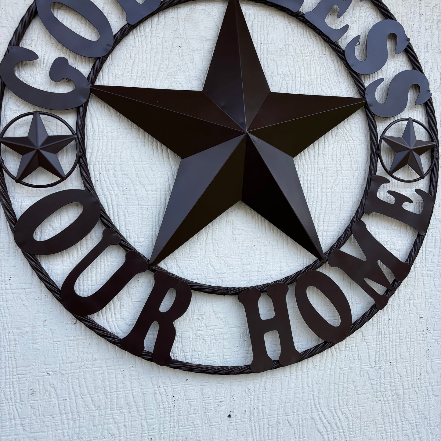 GOD BLESS OUR HOME BLACK BARN STAR METAL LONE STAR TWISTED ROPE RING WESTERN HOME DECOR HANDMADE #EH10941